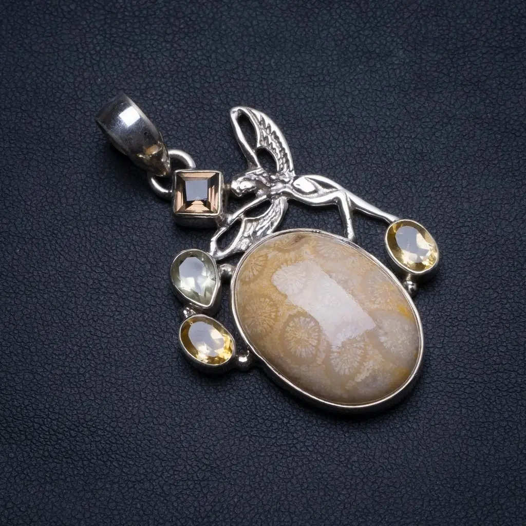 

Natural Fossil Coral,Smoky Quartz and Citrine Angel 925 Sterling Silver Pendant 2" U0509