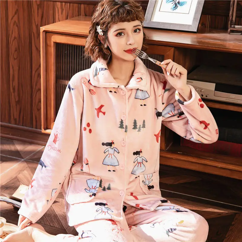 Новый 2020 осень-зима пижамный комплект для женщин одежда сна теплые фланелевые