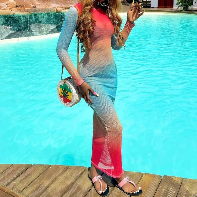 

Женские Клубные прозрачные сетчатые радужные градиентные модные платья Maix с высокой талией и круглым вырезом, пуловер с длинным рукавом, ши...