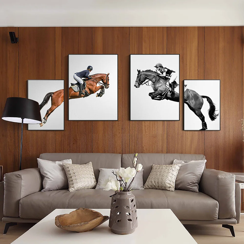 

Classic Modern Black Print Horse Racing Canvas Painting Wall Art Riding Woman Wall Pictures for Living Room Home Decor