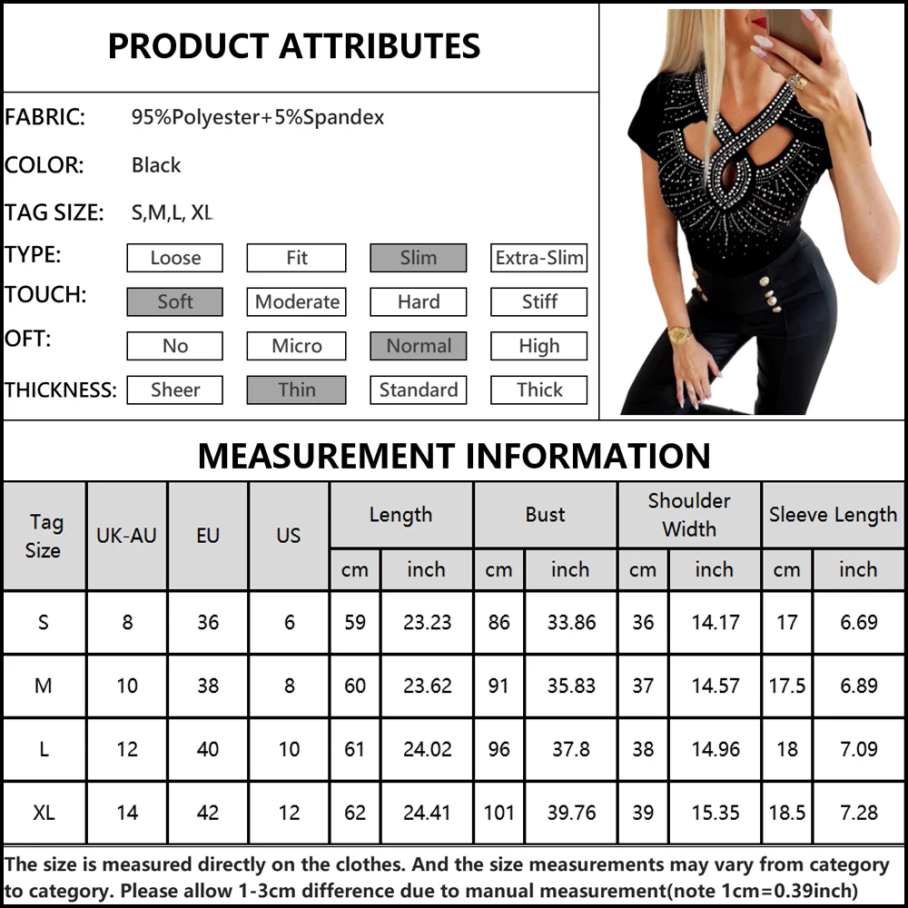 

Sexy Sequins Hollow Out V Neck Short Sleeve T-Shirt Women Solid Color Tops Sequins Decor Ladies T-Shirt Summer for Female D30