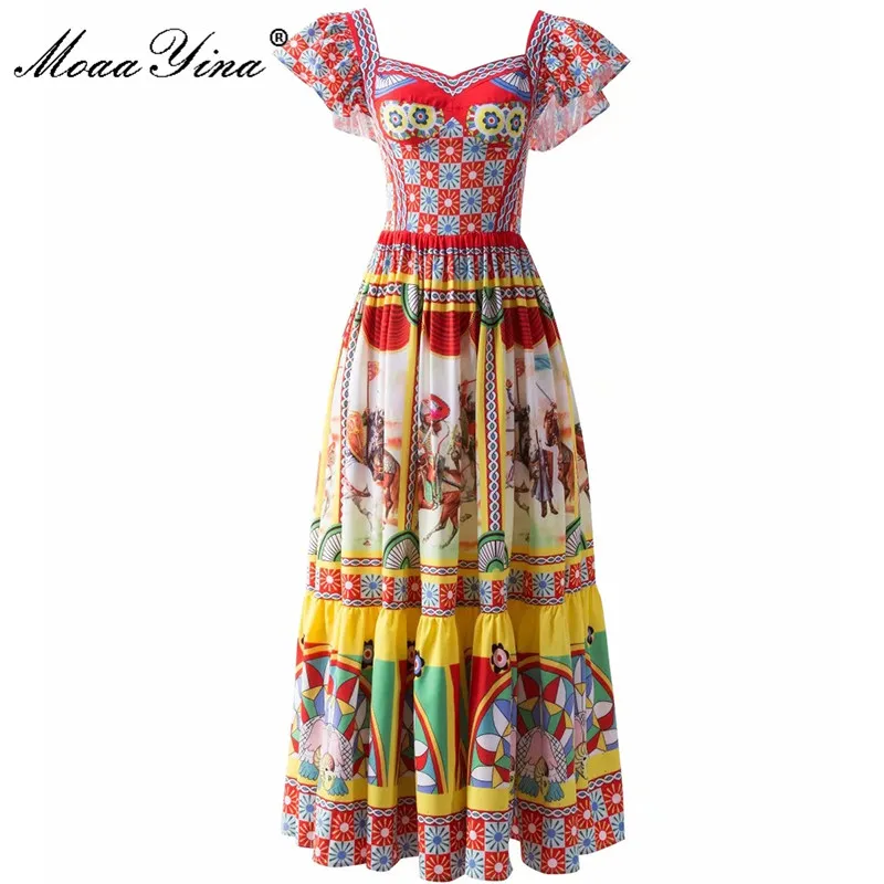 

MoaaYina модное дизайнерское летнее платье для женщин с рукавом-бабочкой, винтажное платье миди с принтом воина и высокой талией
