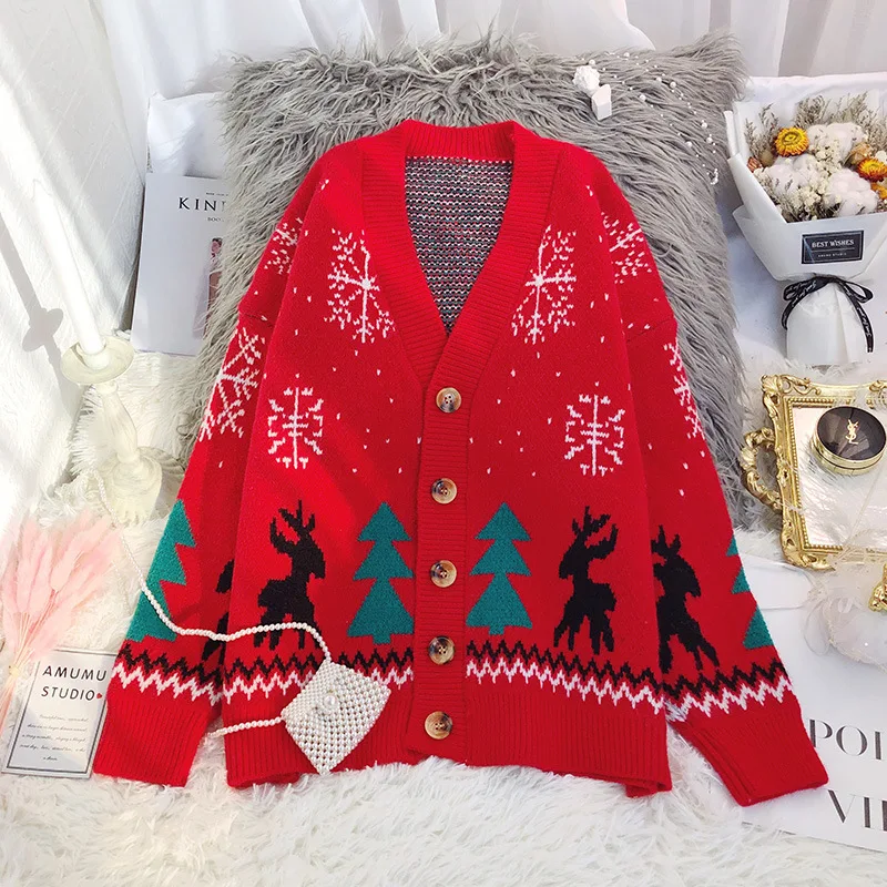 

Fannic Christmas Thick Loose College Style V-neck Knitted Cardigan Sweater for Women
