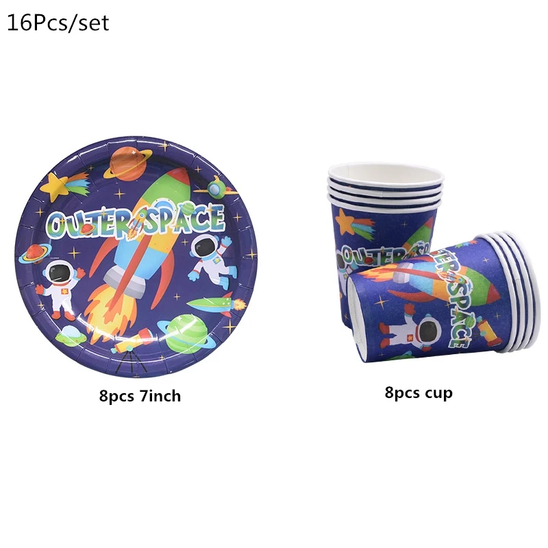 16pcs set 1 комплект вечерние одноразовые столовые приборы с космическим пространством и планетой для дня рождения, детские одноразовые бумажные тарелки, вечерние принадлежности для космонавта - Цвет: 16pcs set