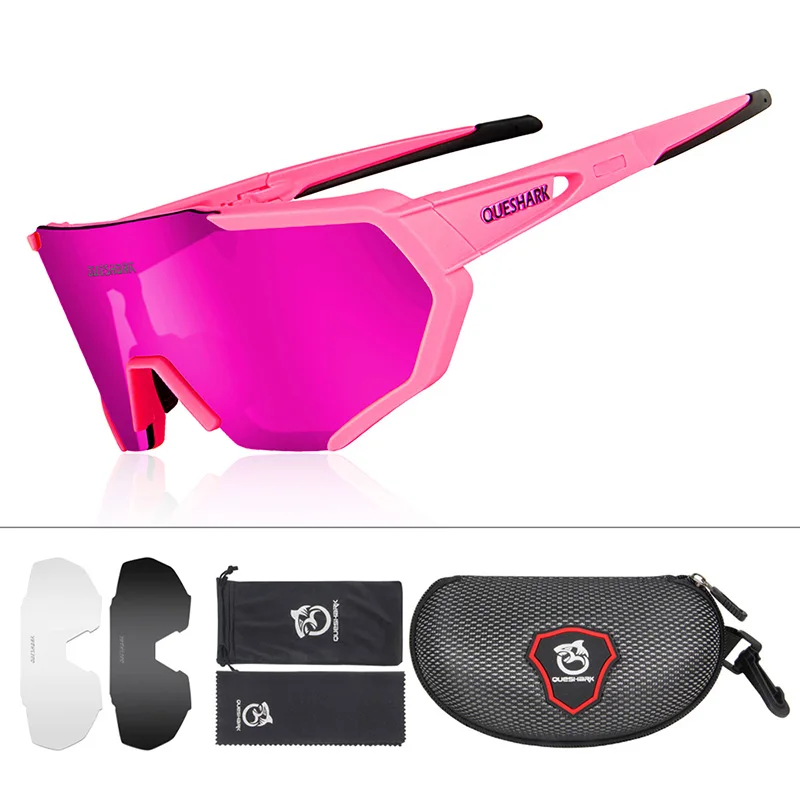 3 Lens Pink QUESHARK, дизайн, очки для велоспорта для мужчин и женщин,, полностью покрытые линзы, UV400, поляризационные, 3 или 4 линзы, всего - Цвет: 3 Lens Pink