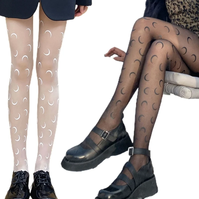 

Женские готические колготки HXBA в стиле панк с принтом полумесяца, прозрачные ультратонкие колготки в японском стиле Харадзюку в стиле Лоли...