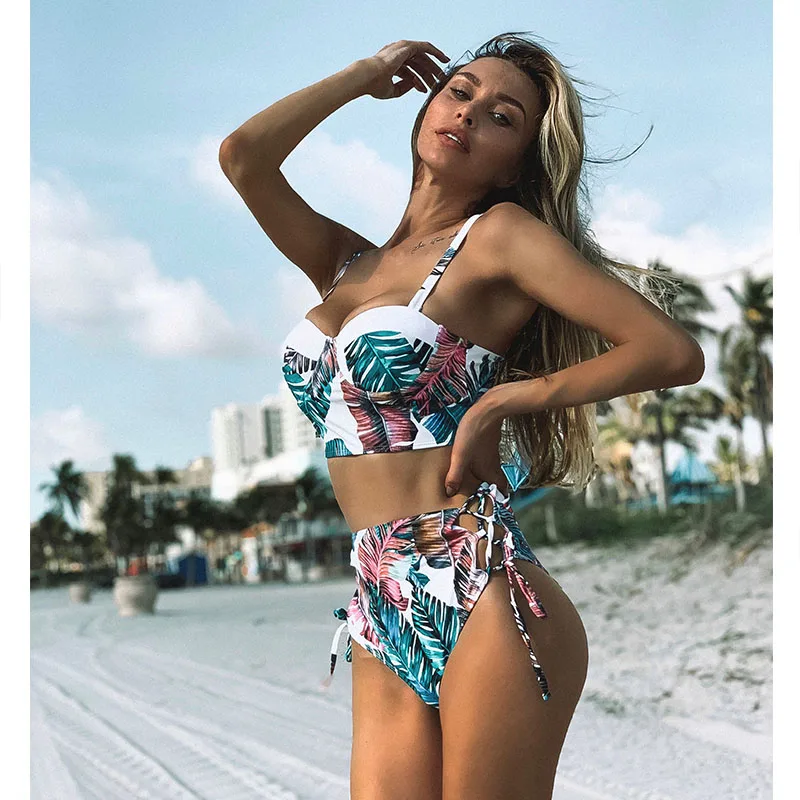 High Waist Swimwear 2019 New Leaf Print Bikinis Women Swimsuit Vintage Retro Bathing Suit Halter Biquini Maillot de bain femme | Женская