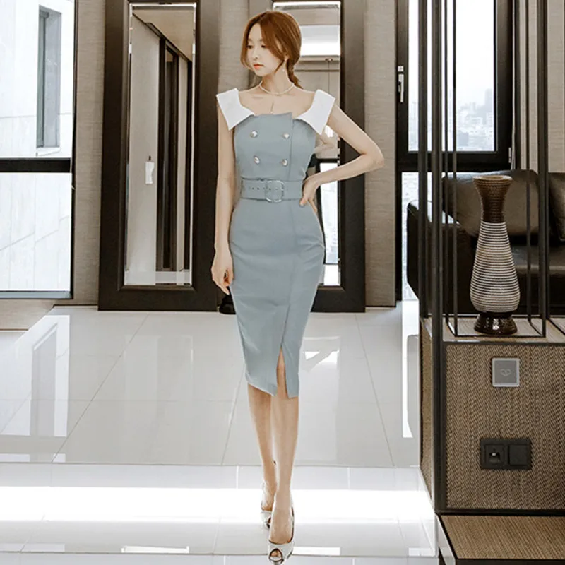 

Summer Dresses Office Bandage Bodycon Sundress Sexy Party Midi Pencil Dress Slash Neck Sleeveless Sashes Women Dress Vestidos