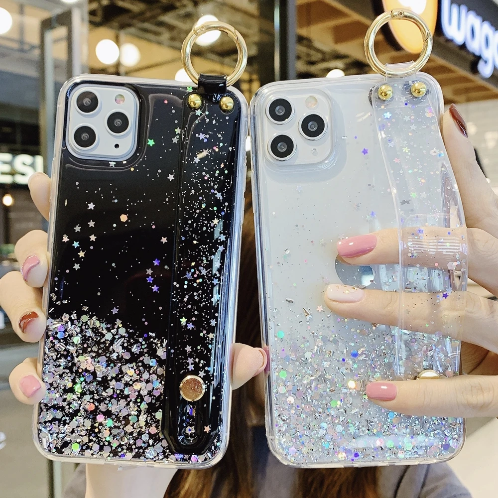 

For Apple iPhone 13 12 Mini 11 Pro Max 6 6s 7 8 Plus X XS XR SE 2020 Wristband Glitter Bling Clear Soft Silicone TPU Case Cover