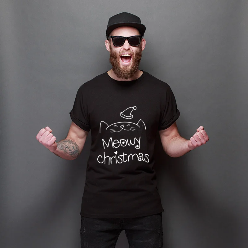 

April Fool Day Meowy Christmas Short Sleeve Men's Tops Teenagers Leisure Tee Shirt Party Custom Tee Shirts Harajuku