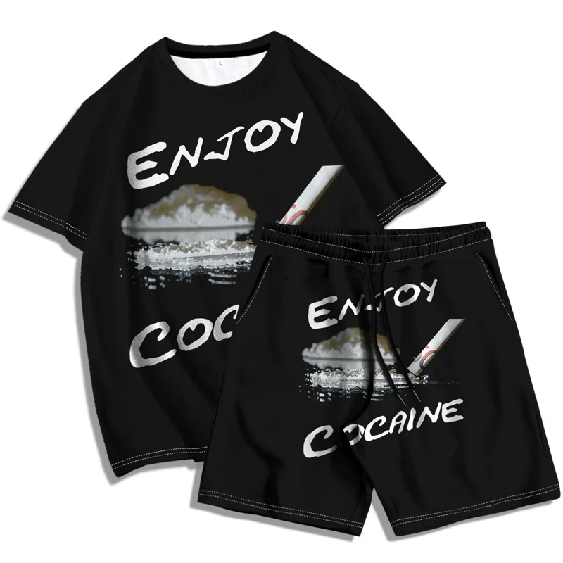

Summer Wear Letter T-Shirt Set 3D Digital Printing Two-Piece Fashion Loose Casual O Neck Short Sleeve Suit Individual Streetwear