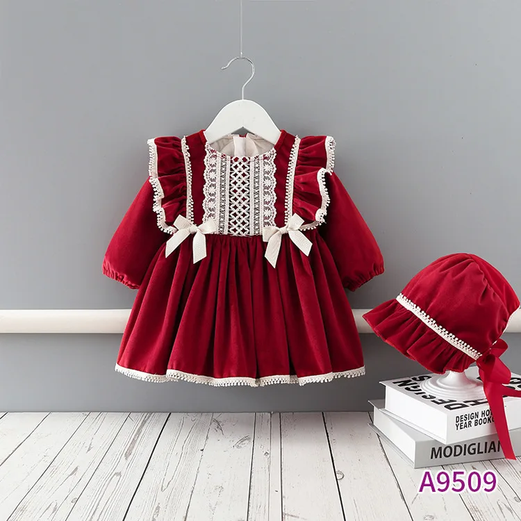 

children's clothing 2021 winter new girls dress velvet wine red Spain plus velvet princess dress princess dress