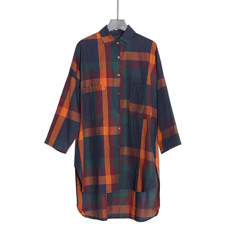 

New fashion loose size MM women's long plaid long sleeve Joker shirt dress women
