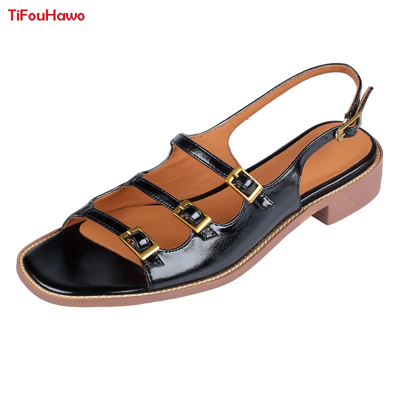 

Fashion Buckle Genuine Leather Low Heels Gladiator Sandals Ladies Summer Party Shoes Sandalias de las mujeres Black Brown