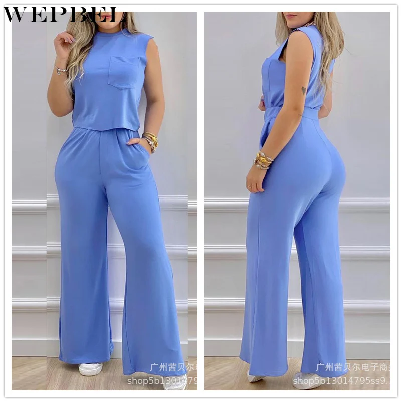 

WEPBEL Women Tracksuit Fashion Pants Set Ladies Pocket Crop Top Shirt + High Waist Wide Leg Trousers Two Piece Set