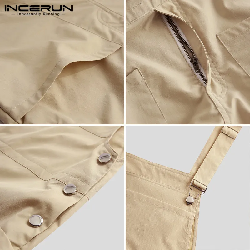 

INCERUN Fashion Men Bib Pants Solid Color Jumpsuits Joggers Streetwear Casual Multi Pockets Suspenders Cargo Overalls Men Romper