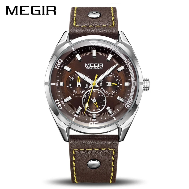 MEGIR брендовые кварцевые мужские часы с кожаным ремешком военные деловые наручные