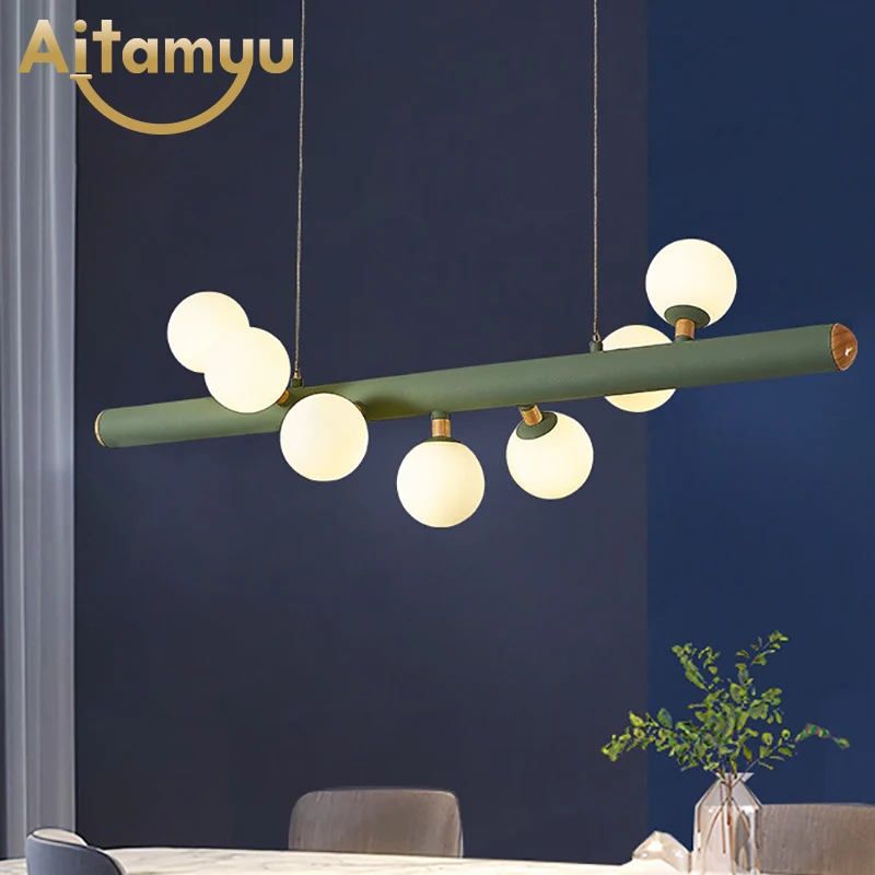 

Modern LED Pendant Light For Dining Room Glass Balls Wooden Pendant Lamp Bar Long Table Hanging Loft Lighting Fixtures