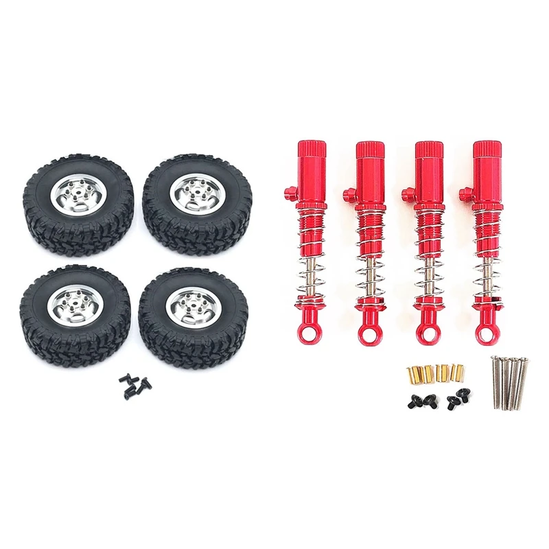 

4Pcs Metal Shock Absorber Damper for WPL C14 C24 C24-1 C34 C44,Red & 1set Metal Wheel Rim with Rubber Tire Tyre Silver