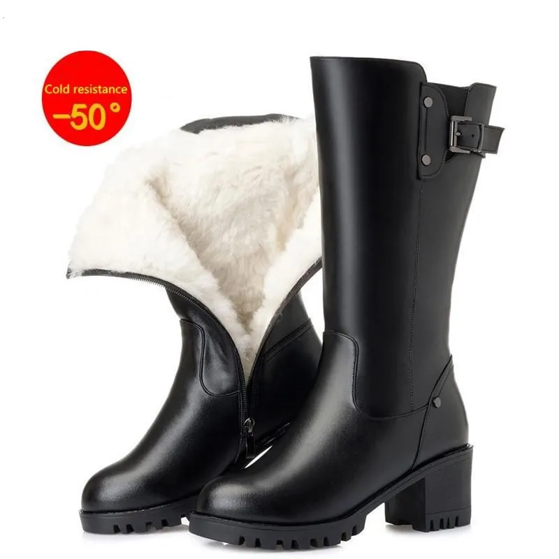 

Winter Warm Boots Women High Heel Knee High Boots Black Waterproof Thick Heel Fur Women Boots Snow Boots