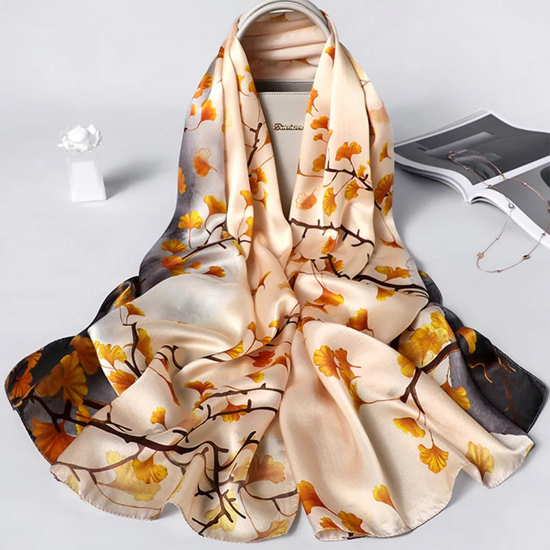

Women Natural Silk Scarf Soft Flower Print Shawls Office Lady Elegant Wraps Female Noble Hijabs Beautiful Gift 53x170cm