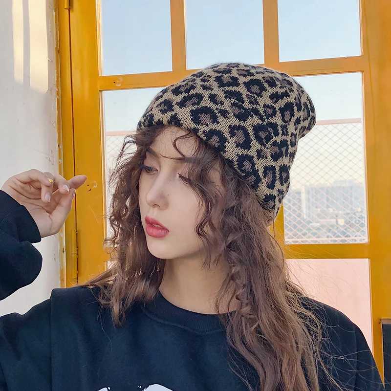 

Вязаная Шапка-бини унисекс, эластичная шерстяная теплая шапка леопардовой расцветки в стиле хип-хоп, мягкая, Осень-зима