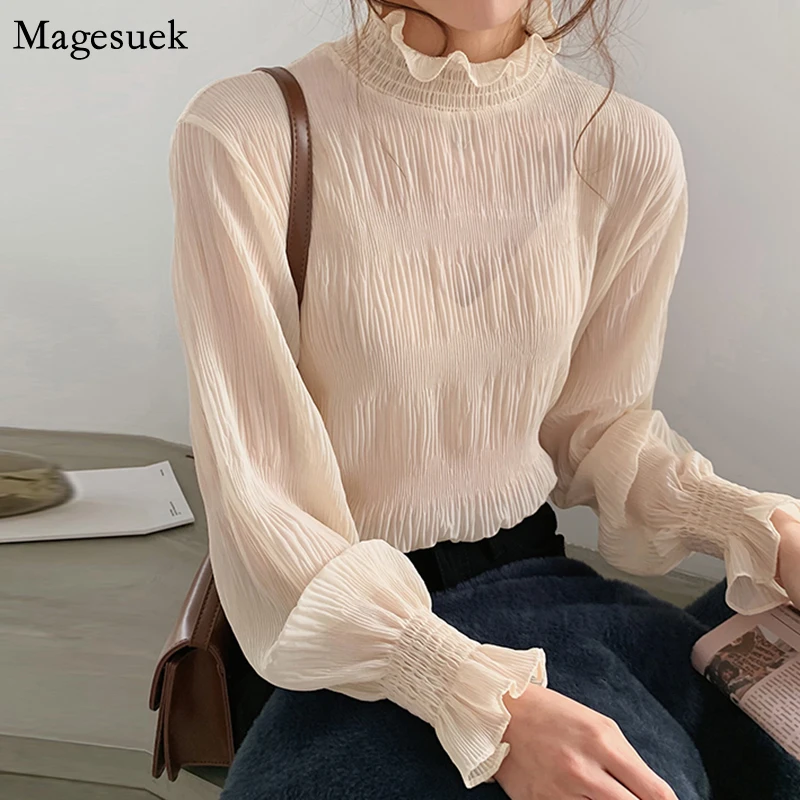 

Plus Size Sweet Puff Sleeve Chiffon Women Blouse 2021 Autumn New Ruffles Womens Blouses Office Lady Turtleneck Women Shirt 8878