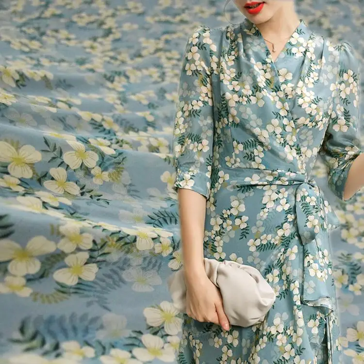 

Blue Flowers Print Chiffon Fabric Vintage Soft Flowing Tulle Fabric For Dress,By The Meter