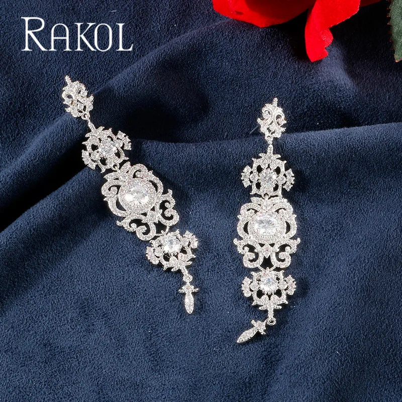 RAKOL Роскошные AAA кубический циркон цветочный узор длинные свадебные серьги для женщин девушка свадебное платье ювелирные изделия аксессуары RE62311K - Окраска металла: silver color