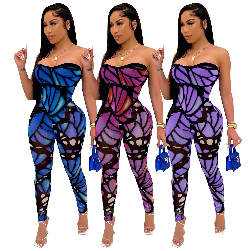 

Women Jumpsuits Fashion Sexy Irregular Print Strapless Tight Sleeveless Casual Chic Sport Jumpsuits One Piece Romper