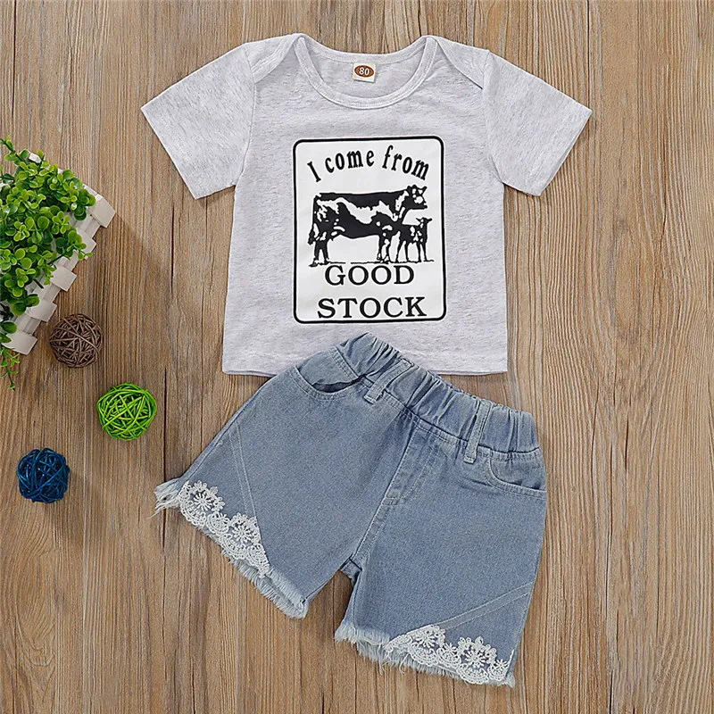 Girls Summer Clothing Kid Short Sleeve Letter Tops T-Shirt Denim Shorts Pants Outfits Kids Fashion Clothes toddler girl clothes | Мать и