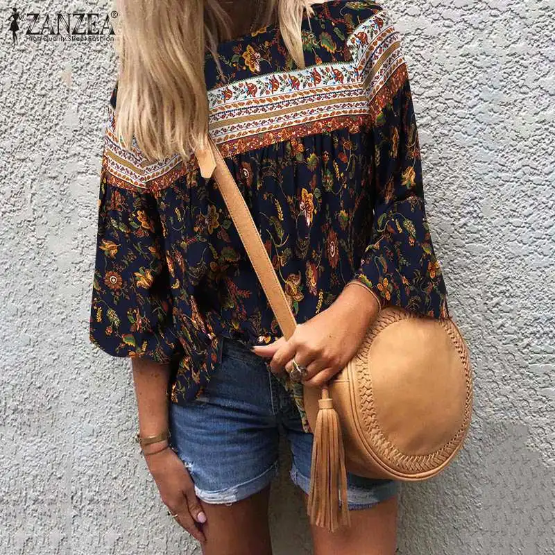 

2022 модная женская богемная блузка ZANZEA, винтажная рубашка с цветочным принтом, осенняя празднивечерние вечерняя мешковатая рубашка, Женская...