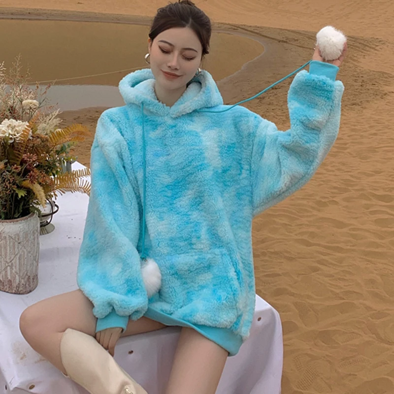 

Long sleeves Tie-dyed lamb fluff Thickened Sweater Female Korean version Long Hooded Cashmere Pink Casual Sweatshirts 100A