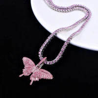 tennis chain necklace for women charm butterfly pendant hip hop style 5mm shiny powder gold silver iced out chain jewelry choker