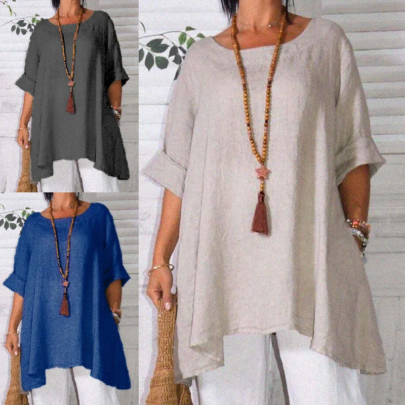 

Women Summer Cotton Pullover Short Sleeve Round Neck Loose Large Solid Color T-shirt Top For Women