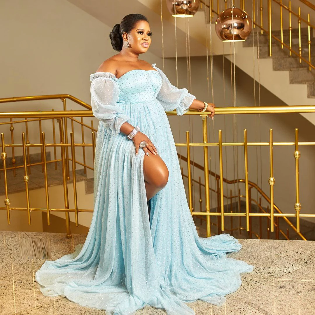 

Plus Size Tulle Sequined Prom Dress With Extra Long Sleeves Maternity Dress For Photo Shoot African Side Split Evening Gowns