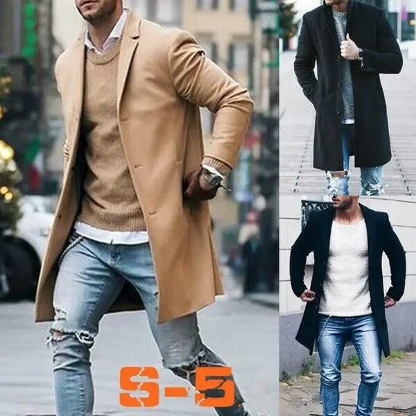 Winter Warm Soft Men's Wool Coat Trench Outwear Overcoat Long Sleeve Button Up Jacket Top | Мужская одежда