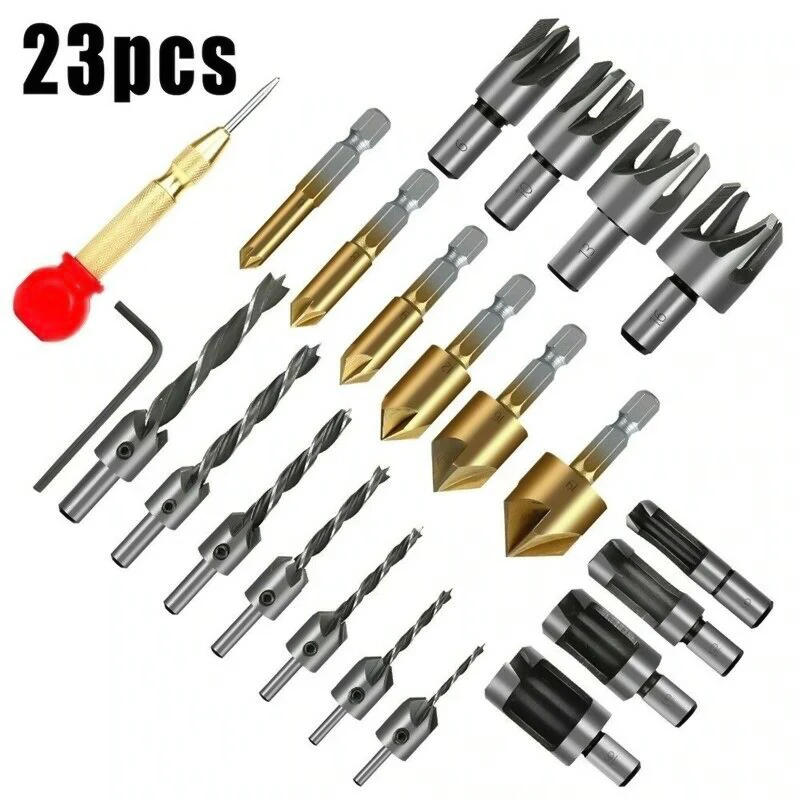 

23pcs HCS Countersink Drill Bits With Automatic Center Punch Woodworking Chamfer Drilling Tool Wood Plug Cutter Chamfer Tool