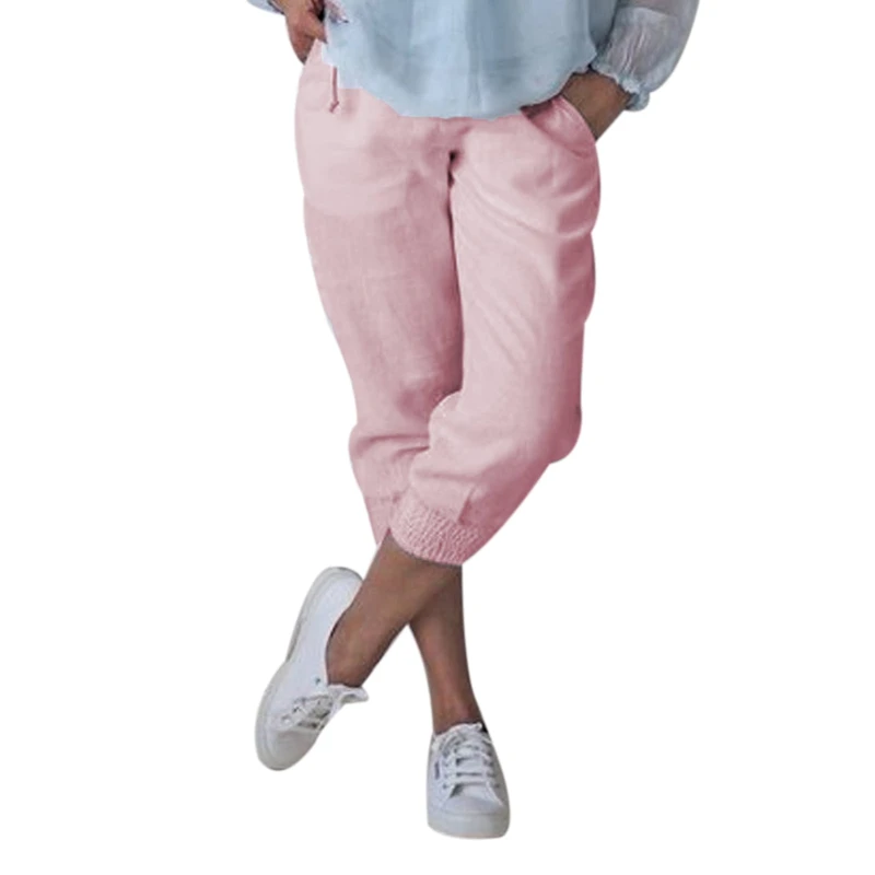 pink LITTHING белые женские брюки из хлопка короткие брюки Капри повседневные свободные женский с эластичной талией плюс размер летние женские брюки до середины икры - Color: pink
