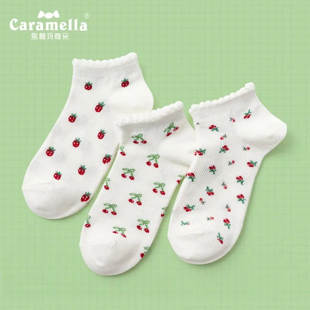 

Caramella 2020 New Design Women Socks 3Pairs Cute Strawberry Cherry Girls Invisible Socks Funny Spring Cotton Ankle Lady Socks