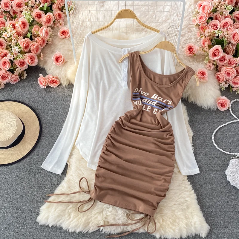 

Модное Плиссированное Платье на бретельках для девушек, с надписью, Новинка лета 2021, тонкая Солнцезащитная рубашка, женские костюмы из двух ...