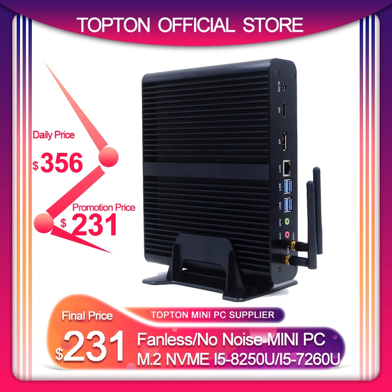 ToptonNuc Kaby Lake безвентиляторный мини ПК Core i7 8550U/7560U i5 8250U/7260U Win10 Pro 4K HTPC микро компьютер