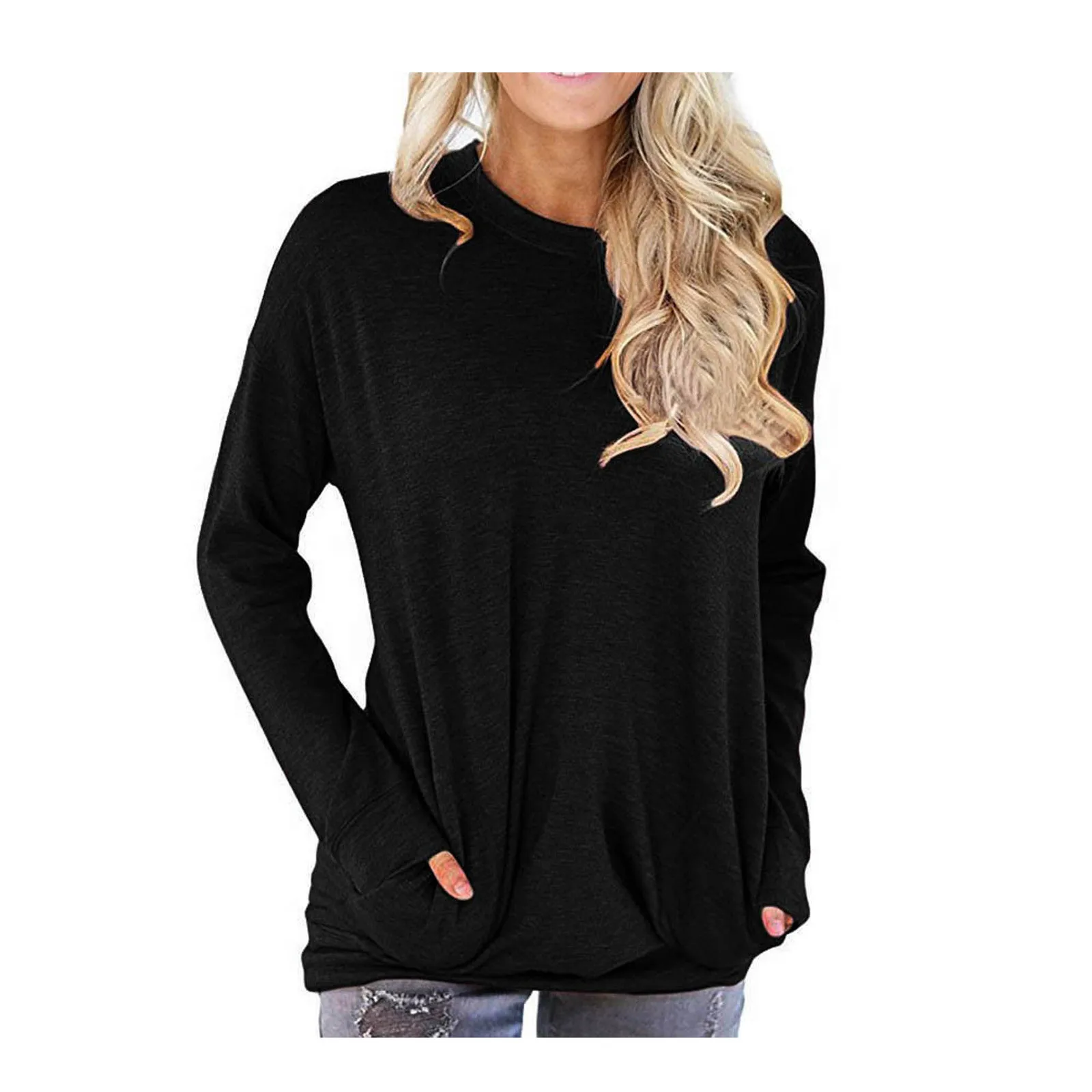 

Women T-Shirts Casual Long Sleeve Cotton Solid Loose Pockets T-Shirt Blouses Tops Ladies Fashion Casual Shirt Blouses Oversized