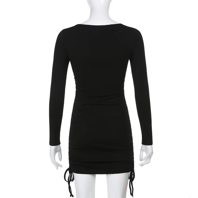 

YYXZ Autumn Fashion Cute Slim Sexy Solid Color Lace-up SML Long Sleeve Black V-neck Woman Casual Cotton Dress Lady Sheath Dress