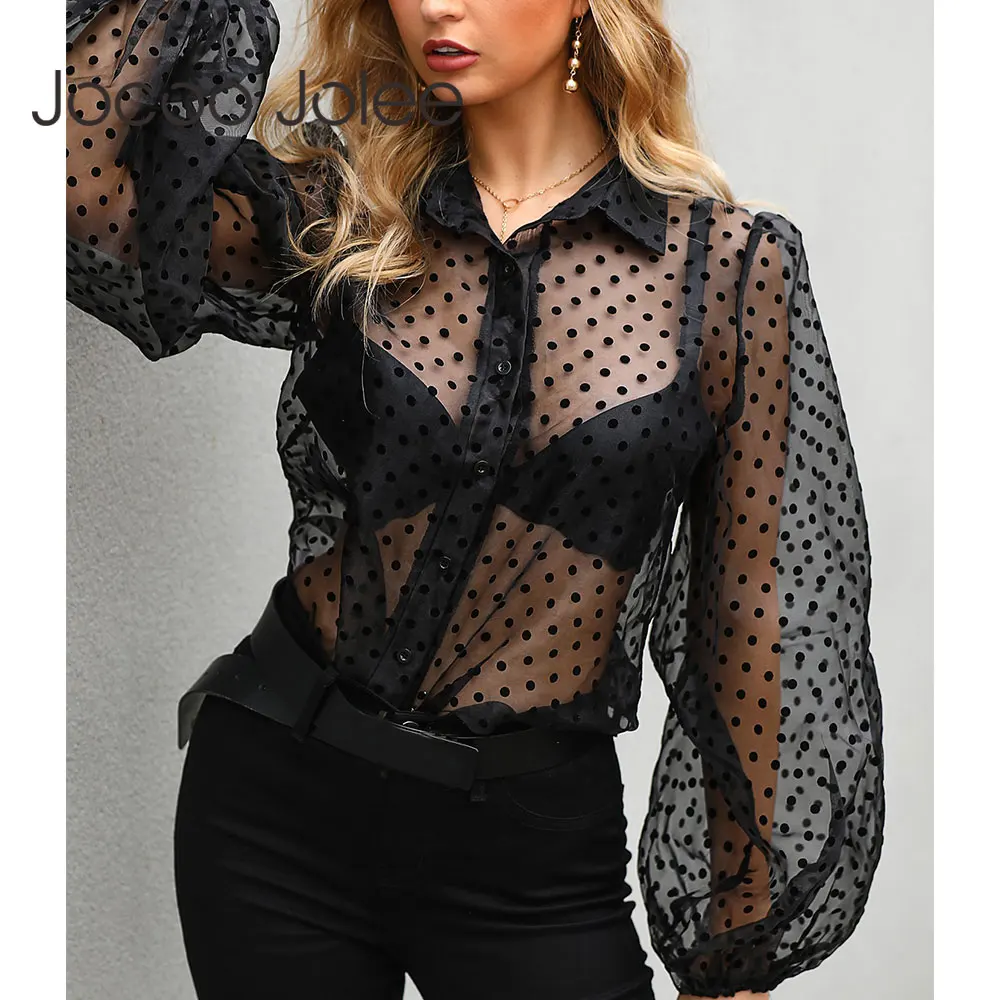 Женская прозрачная сетчатая блузка Jocoo Jolee белая рубашка в горошек с длинными