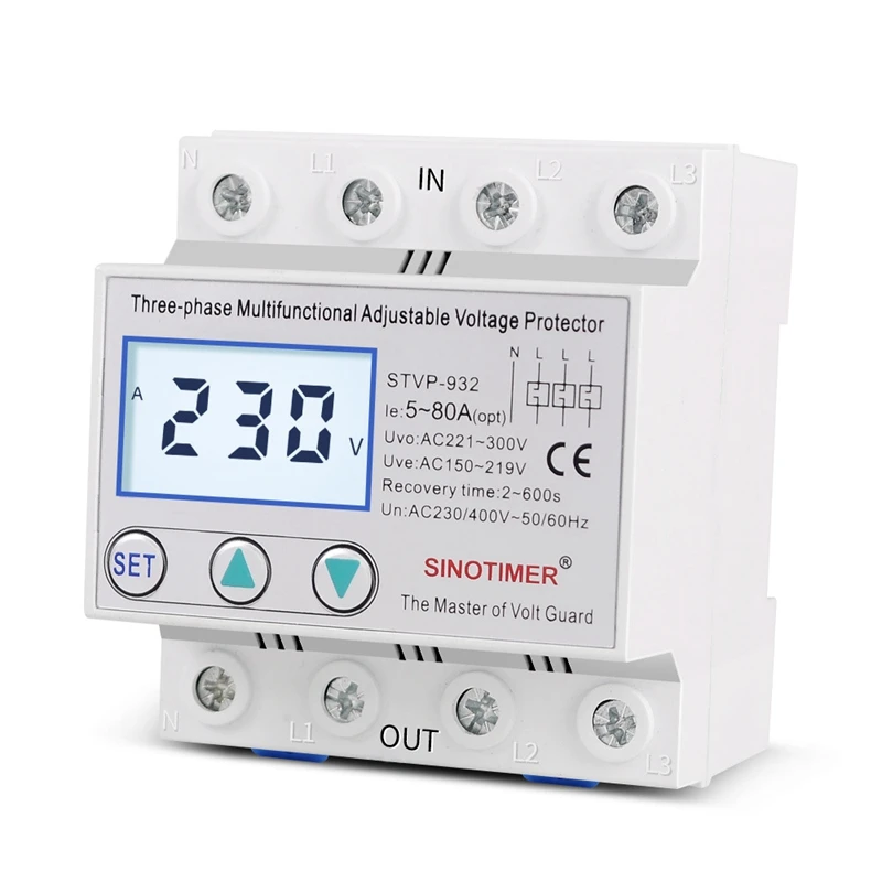 

SINOTIMER STVP-932 трехфазный цифровой Дисплей самосброс Регулируемый интеллигентая (ый) мульти-Функция сверх-Напряжение протектор
