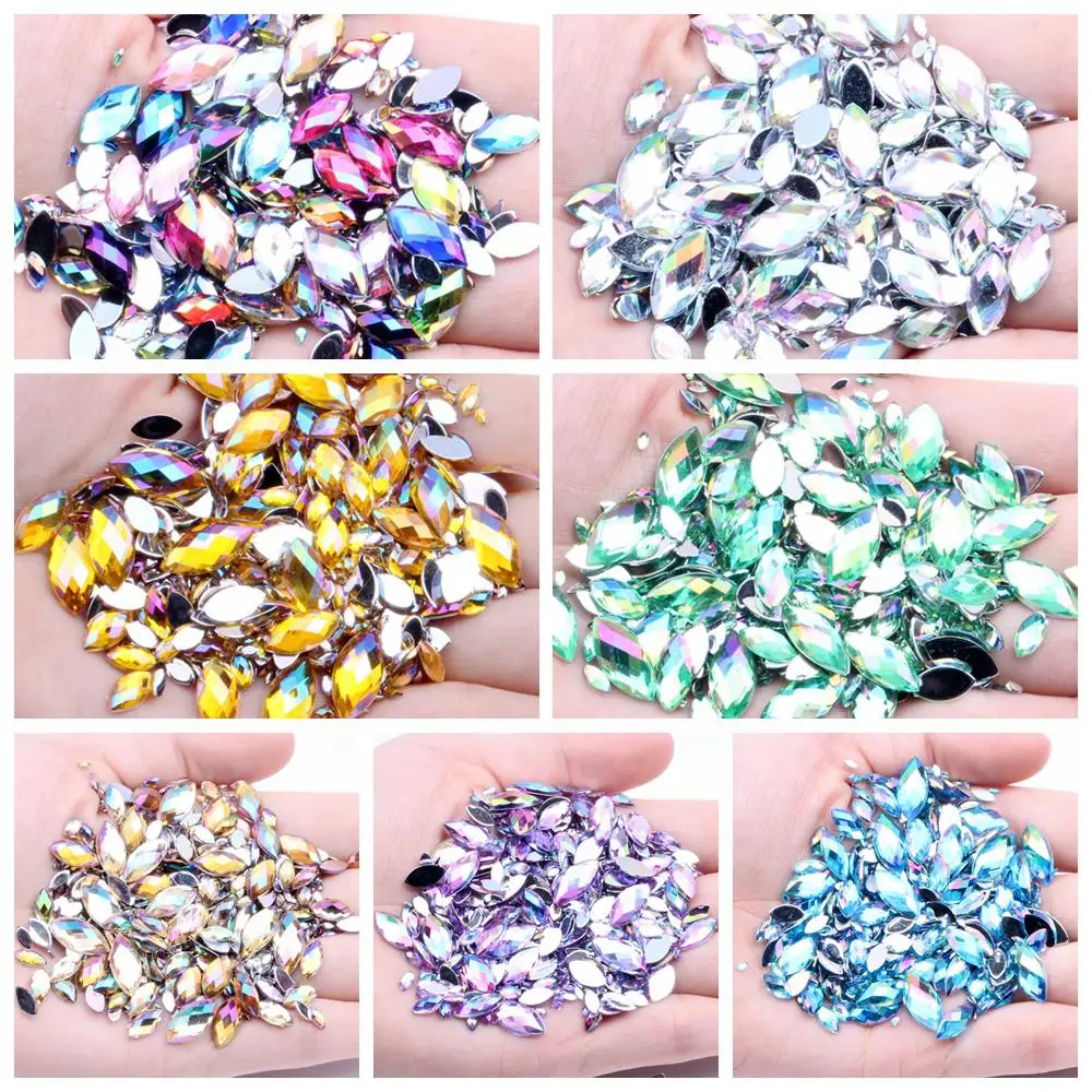 

Rhinestones 7x15mm 30pcs Acrylic Flatback Marquise Earth Facets AB colors Acrylic Glue On Strass High Shine Beads