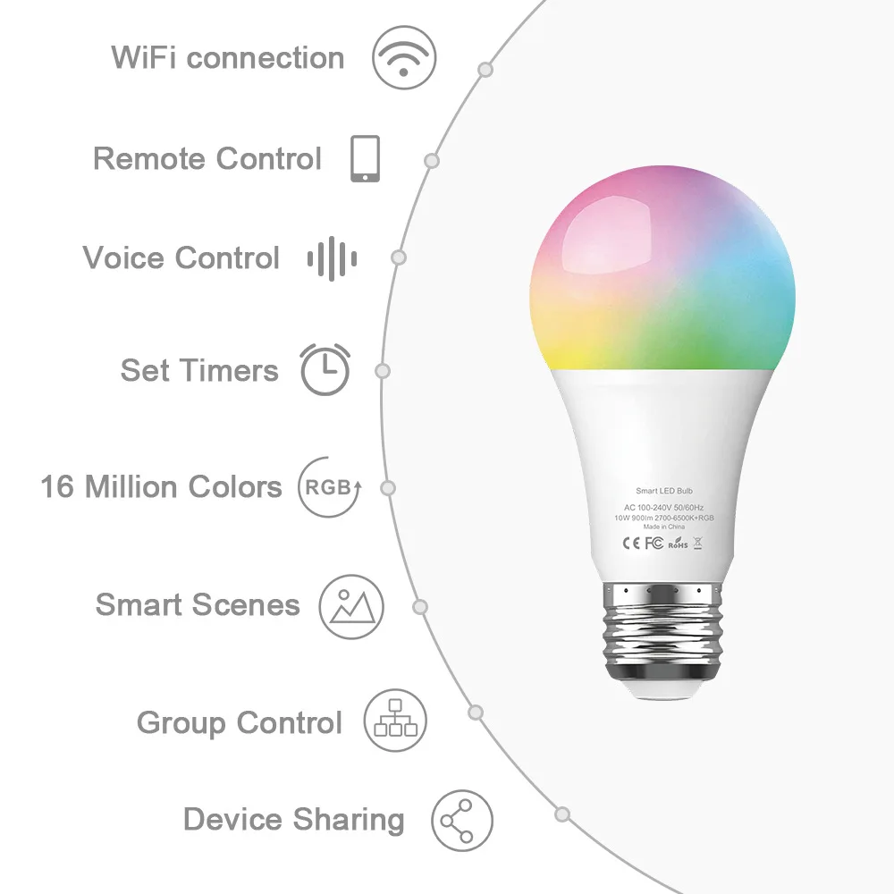 Lonsonho умная Светодиодная лампа Tuya 2 шт. 10 Вт Wi Fi RGB + W C 900lm E27 беспроводное управление