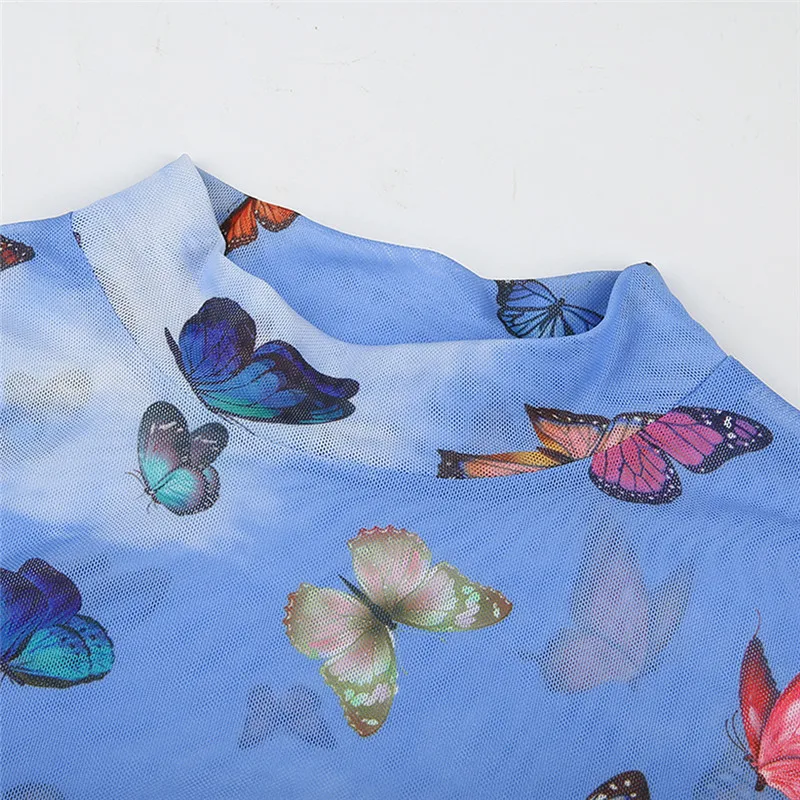 Sexy Women's See through Lace Mesh Sheer Long Sleeve Butterfly Print Crop Top T Shirt Tee Women Clothes Tops | Женская одежда