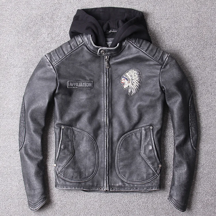 Мужская винтажная байкерская куртка из натуральной кожи серая приталенная